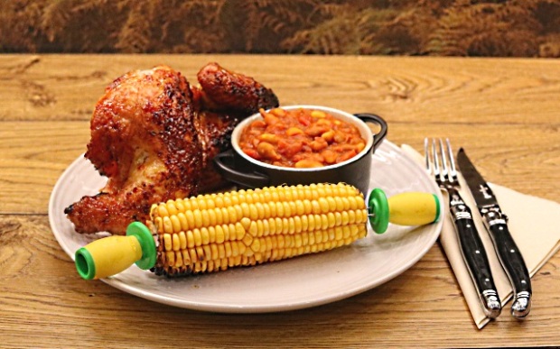 Chicken served with sweetcorn and smokey bourbon baked beans
