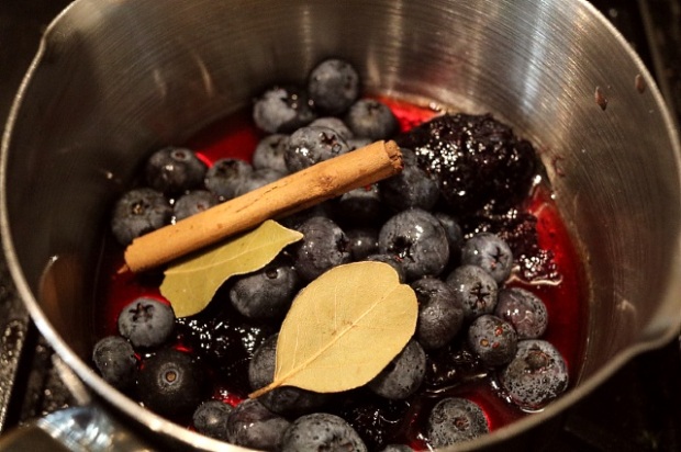 Making the huckleberry sauce