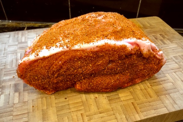 Pork shoulder rubbed and ready to cook