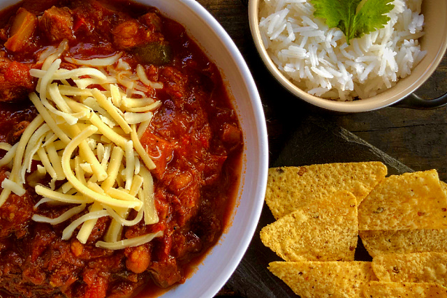 Alder smoked brisket chilli served with rice and tortilla chips